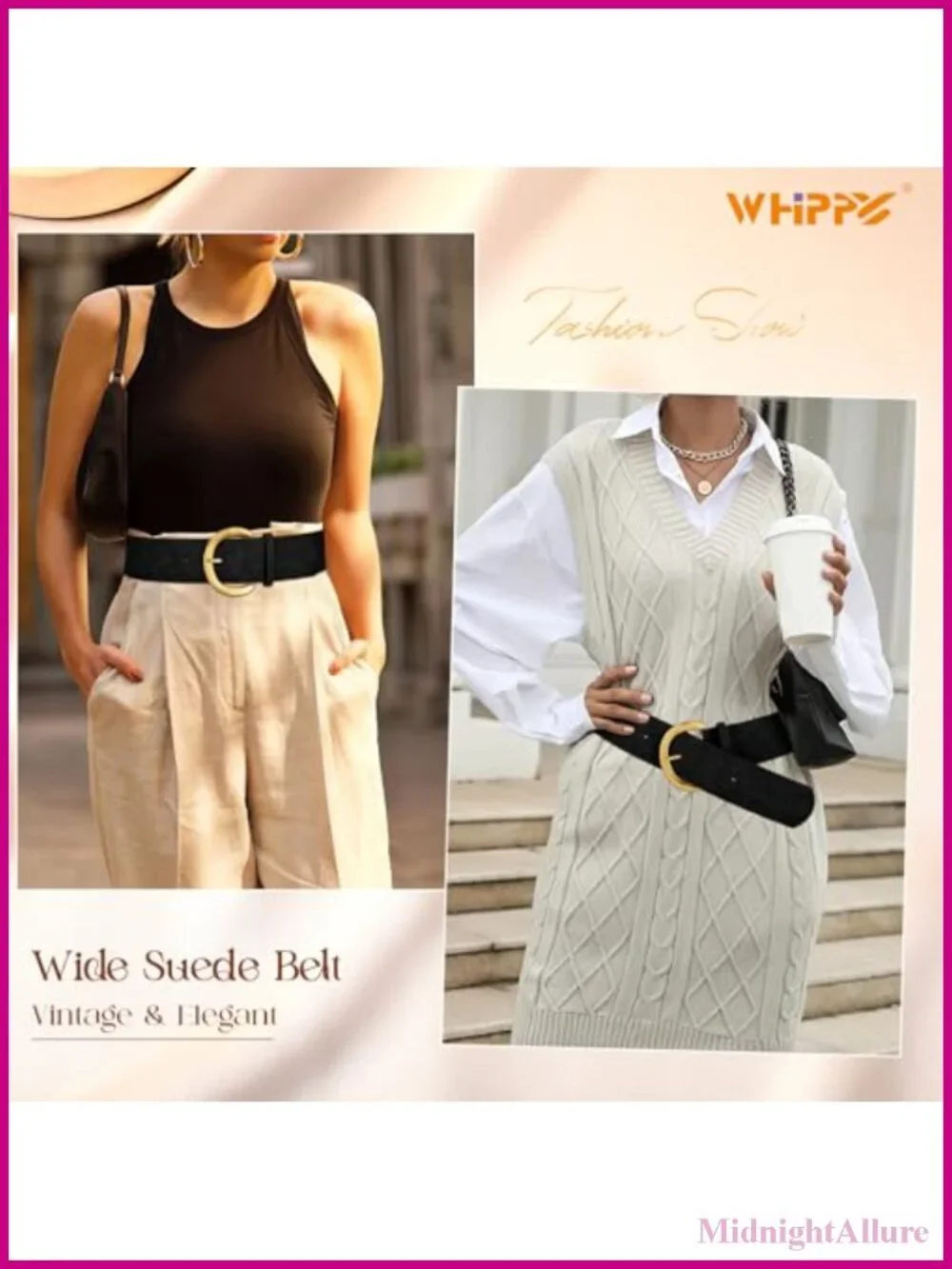 Women's Wide Faux Suede Belt with Gold Buckle Adjustable Fashion Dress Belt
